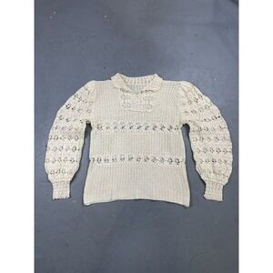 Vintage‎ 1960s Ivory Crochet Puff Sleeve Collared LS Top